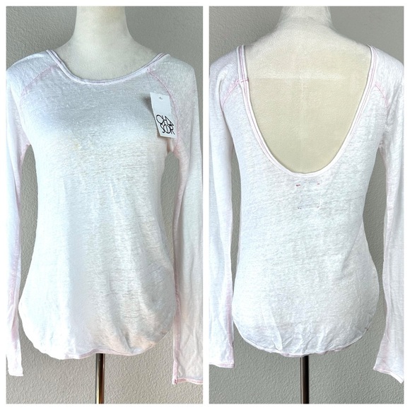 CHASER Long Sleeve Linen U-Back Top in White w/ Hot Pink Stitch Size S (NWT) - Picture 1 of 7